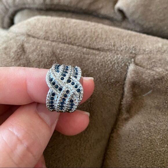 New Silver Blue Sapphire Braided Wide Band Ring - Picture 7 of 7